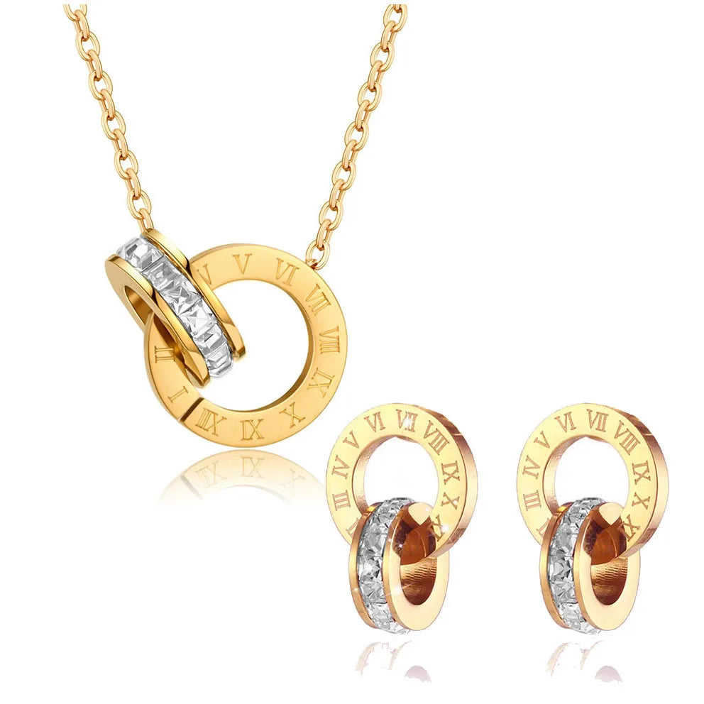Geometrischer Luxus: Römische Ziffern Gold-Schmuckset 3-teilig