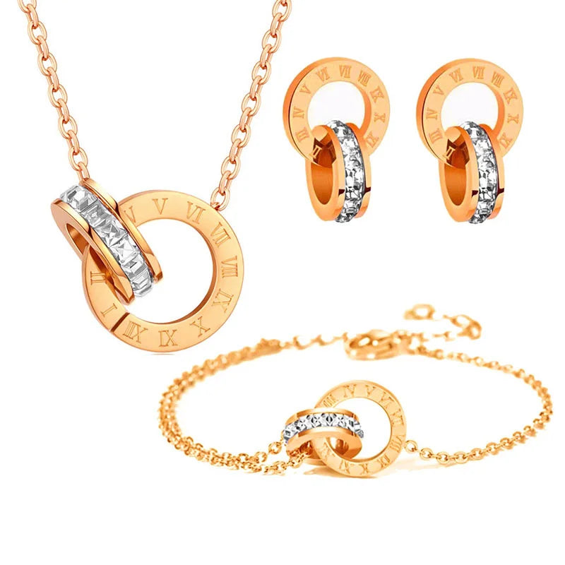 Geometrischer Luxus: Römische Ziffern Gold-Schmuckset 3-teilig