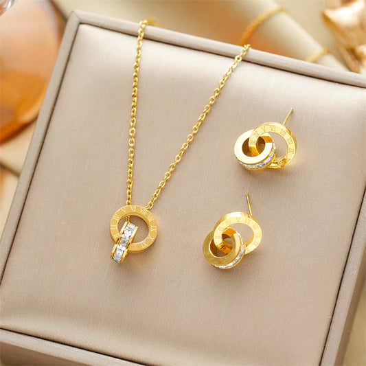 Geometrischer Luxus: Römische Ziffern Gold-Schmuckset 3-teilig
